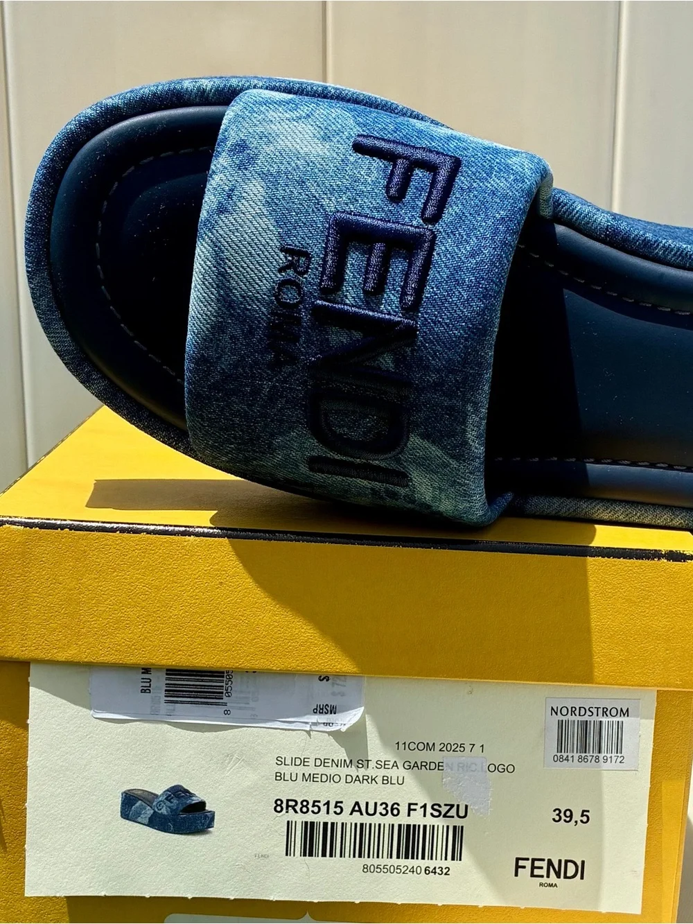 FENDI SUNSHINE BLUE DENIM PLATFORM SLIDE SANDALS EMBROIDERED LOGO SZ 39.5 NEW